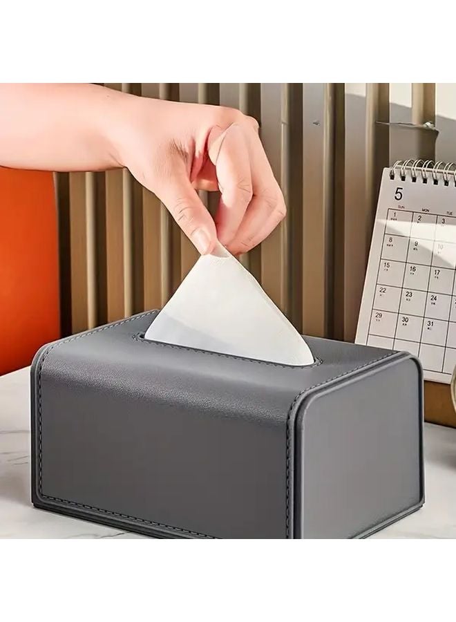 حامل علبة المناديل ذو ملمس جلد رمادي بسيط 2 قطعة ديكور منزلي عصري - Image 1